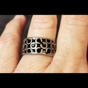 Coach Silvertone and Black Enamel Ring